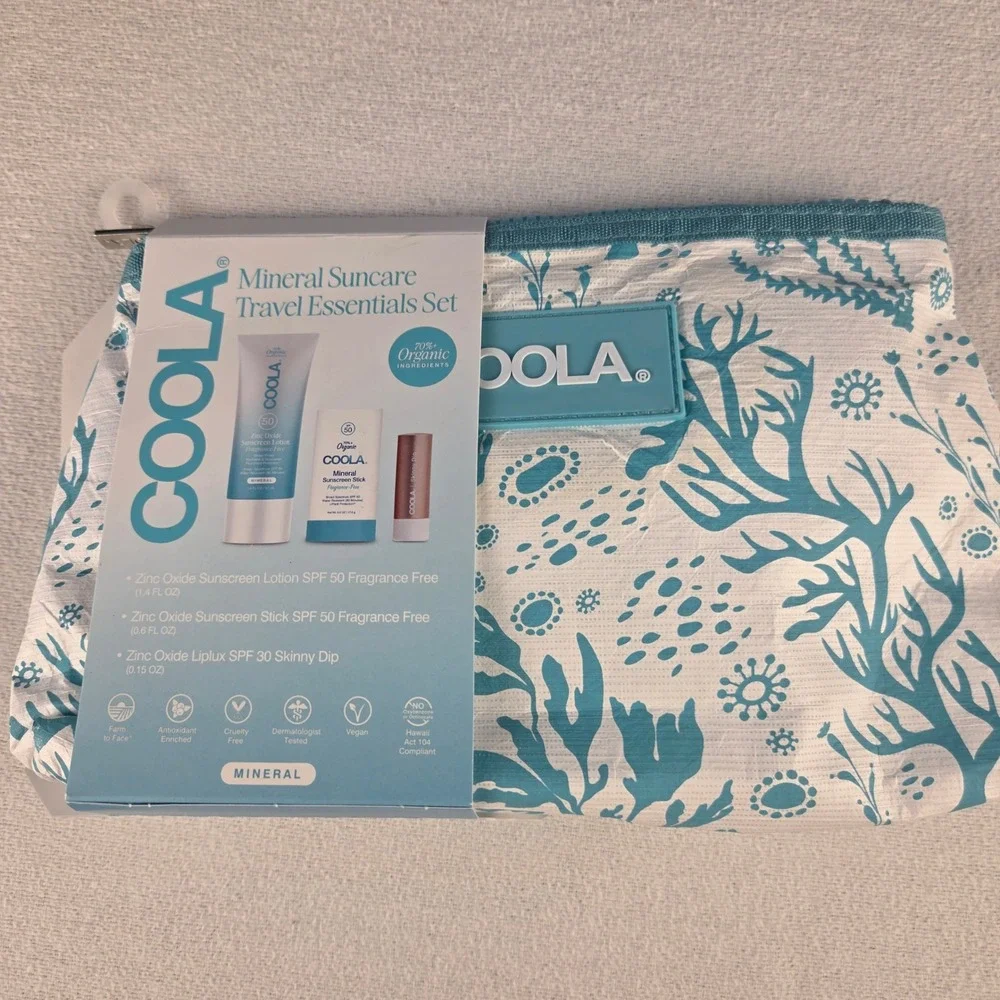 COOLA Mineral Suncare Travel Essentials Set SPF 50 Lotion Stick Liplux Pouch NEW